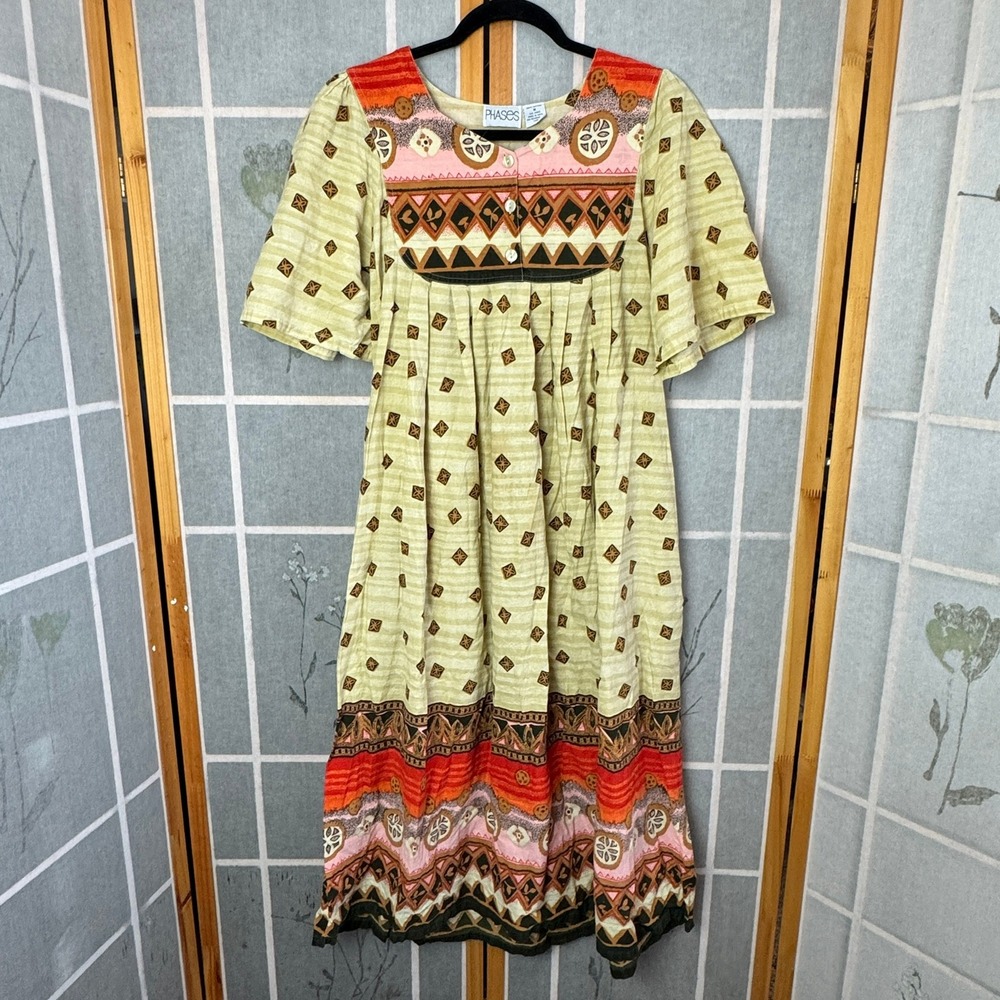 Phases Vintage Cotton Midi Dress Womens Medium Green Geometric Tribal Boho India